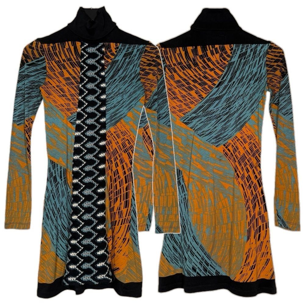 Custo Barcelona Size 1 / XS Y2K Turtleneck Long Sleeve Mini Dress Blue Orange